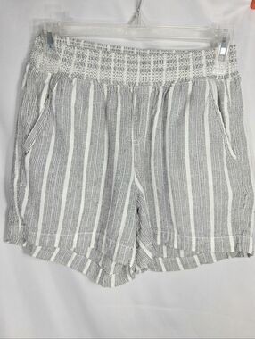 BRIGGS Grey & White Striped Linen Blend Elastic Waist Shorts Size Medium